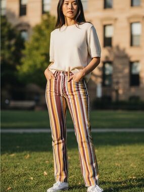 Frame Denim Vertical Multi-Stripe Jeans in Mustard, Burgundy & Blue